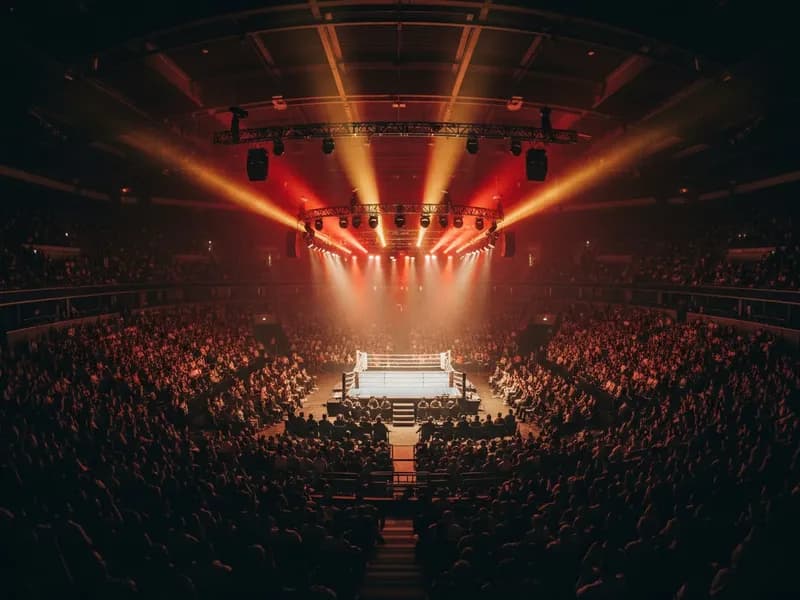 Arena llena con el ring iluminado por luces rojas y doradas